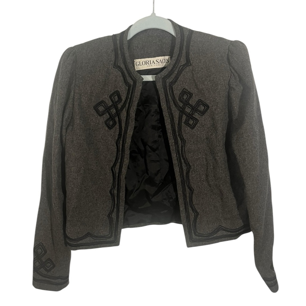 vintage union made 80s wool gray black gloria sachs cropped embroidered jacket